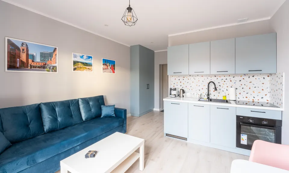 Sofa, stolik kawowy i aneks kuchenny
